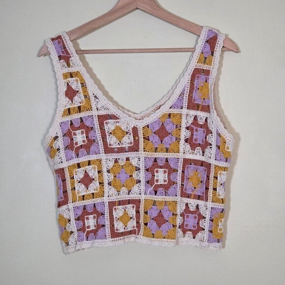 Rebellion Again Crocheted Top Women L Granny Square Sleeveless V Neck Crop Boho - Picture 14 of 14